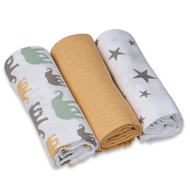 GRÜNSPECHT Muslin Nappies 70 x 70 cm, 100% Cotton, Burp Cloths, without Optical Brighteners, Skin-Friendly and Absorbent, Pack of 3, Yellow, Stars, Elephants (1500-V6)