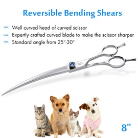 8" Curved Dog Grooming Scissors Ergonomic Pets Cats Trimming Shears with Offset Handle and a Jewelled Screw for Right Handed Groomers Long Sharp Comfortable Light-Weight