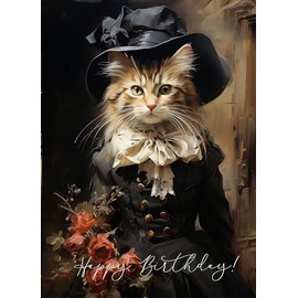 PIXILUV HAPPY BIRTHDAY Greeting card ~ Small Tabby Kitten in a Fancy Dress and Hat ~ Birthday Wishes Greetings Large Vintage Styled Card