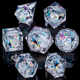 OGCOPHEN DND Dragonfly Dice 7PCS Polyhedral Sharp Edge Dice Set with Gift Case for Dungeons Dragons Role Playing Game, RPG Resin D and D Dice D6 D8 D10 D12 D20 D% (White Silver)
