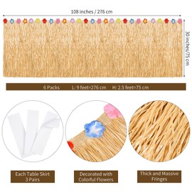 ADXCO 6 Packs Luau Grass Table Skirt Fringe Brown Grass Skirt 108 x 30 Inch Hibiscus Hawaiian Table Skirts Tropical Luau Party Decorations for Moana Themed Events, Birthday