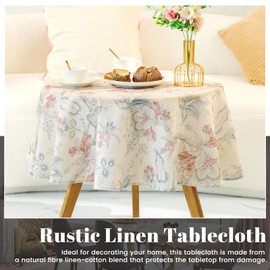 Farmhouse Linen Tablecloth Spring Green Flower Print Table Cloth Washable Round Dining Table Cover for Cottage Style Home Decor-Round 48 inch