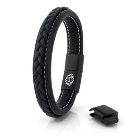 Akitsune Fides Lederarmband | Armschmuck Frauen Herren Edelstahl Männer Armband - Mattschwarz - Schwarz 22cm