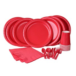 Red Party Set Includes Dinner Plates, Cutlery, Napkins, Tablecloth and Cups