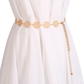 LumiSyne Fashion Chain Belt for Women Vintage Openwork Carved Metal Ring Waist Belt Gold Silver Adjustable Buckle Long Waist Belt Dress Belt Body Chain, gold