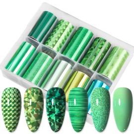 SILPECWEE 10 Rolls Green Metallic Holographic Nail Art Foil Paper Foil Nail Stickers Decals Fingernail Wraps for Nail Decoration