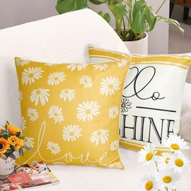 Dremisland Hello Sunshine Cushion Covers 18x18 Set of 4 Bloom Daisy Decorative Pillow Covers Farmhouse Sunflower Yellow Linen Pillowcases for Sofa Couch Indoor Outdoor Home Decor