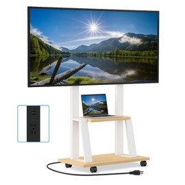 Rolling TV Stand for 32-80 Inch TVs, Mobile TV Cart with Power Outlet, Outdoor TV Shelf with Wheels, Portable Display Solution for LCD OLED 4K Flat/Curved Panels Max VESA 600x400mm (Maple)