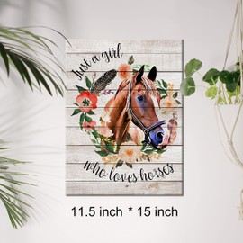 Just a Girl Who Loves Horses Flowers Quote Canvas Wall Art Horse with Flowers Canvas Print Rustic Painting Wall Decor Framed Gift 12x15 Inch