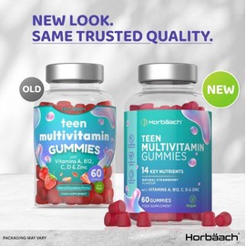 Multivitamin Gummies for Teenagers | 60 Count | with Vitamin A, B12, C, D, and Zinc | Berry Flavour for Teens | Vegetarian and Vegan Supplement | by Horbaach