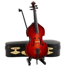Dselvgvu Wooden Miniature Double Bass with Stand, Bow and Case Mini Musical Instrument Contrabass Replica Collectible Figurines Upright Bass Model Home Decoration Display Ornament (5.67"x2.17"x1.14")