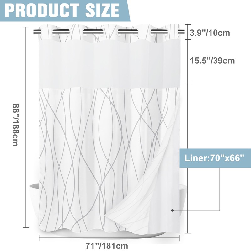 LXBNI No Hook Grey White Striped Long Shower Curtain with
