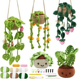 GAME Crochet Kit for Beginners 5 Pcs Potted and Hanging Plant Crochet Kit Flowers ...