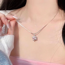 Allereya Boho Cz Star Pendent Necklace Pink Crystal Star Necklace Silver Celestial Star Chain Necklace Rhinestone Star Choker Necklace Snake Chain Necklace Jewelry for Women