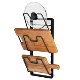 FEZHI pot lid organizer Rack, 3-tier adjustable and removable Pot Lids Holder for Kitchen Cabinet Door/Wall, No Drilling Adhesive Wall/Door Mounted Rustproof pots and pans organizer under cabinet.