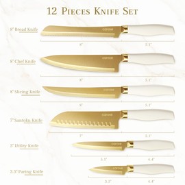 CAROTE 12PCS Kitchen Knife Set, Healthy Gold Titanium Coating Knife Set, Dishwasher Safe with 6 Blade Guards, Rustproof Stainless Steel Cutlery Set, White and Gold
