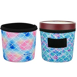 2 Pack Ice Cream and Leopard Pattern Pint Size Ice Cream Sleeves Neoprene Cover with Spoon Holder Cover (Fish-scale (2PCS))
