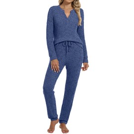 ANRABESS Lounge Pajama Set for Women 2 Piece Outfit Long Sleeve Knit Henley Top Matching Pant 2025 Fall Travel Sweat Clothing Dark Blue Medium