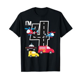 4th Birthday Fire Truck Police Car Ambulance 4 Year Toddler T-Shirt