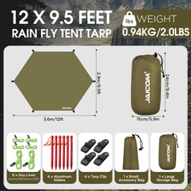 JAICOM Waterproof Hammock Rain Fly, Portable Camping Tarp - 12ft x 9.5ft Large Camp Tarp with Tent Stakes & Trap Clip & Guy Lines, Ultralight Shelter for Backpacking, Outdoor Shade
