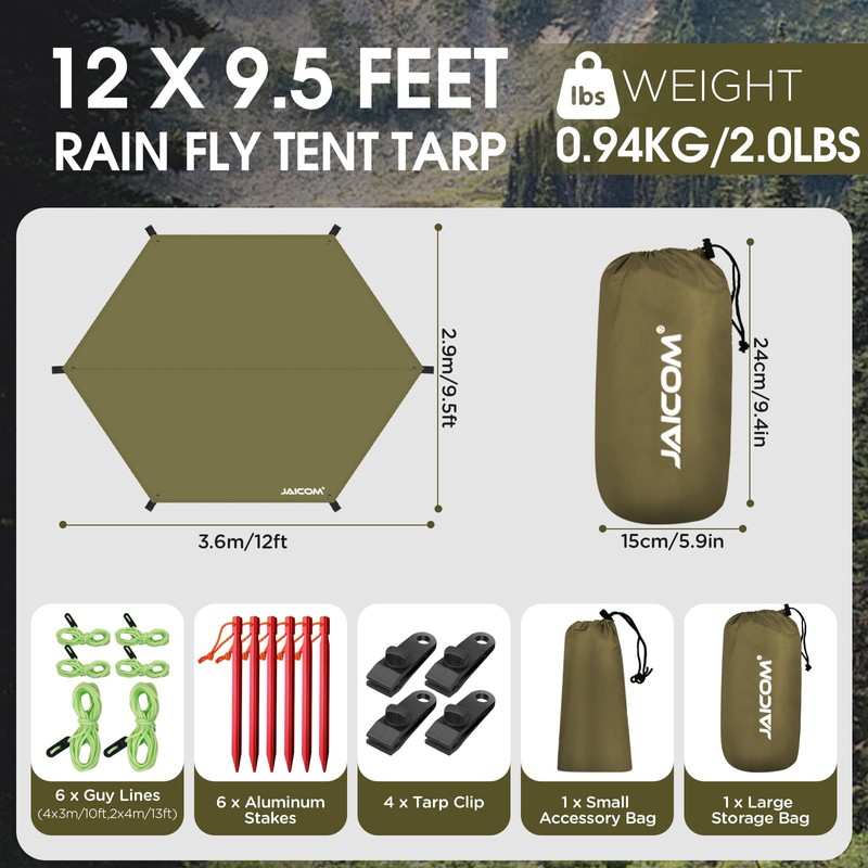 JAICOM Waterproof Hammock Rain Fly, Portable Camping Tarp - 12ft