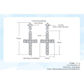 QUSIIOSLK 18K White Gold Plated Cubic Zirconia Cross Stud Earrings Tiny Cross Hoop Earrings Dainty Minimalist Faith Cross Dangle Huggie Earrings for Women Jewelry Gift (White)