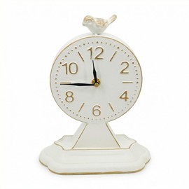 Vintage 10-Inch Cream White Table Clock with Bird Sculpture, Rustic Wall Cupboard Inspired Design, Silent Non-Ticking Battery Operated Desk & Shelf Clock for Farmhouse, Office, Mantel