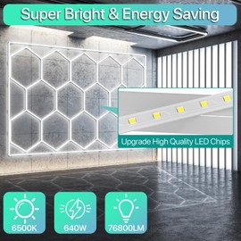 Litezone Hexagon Garage Lights, 14 Grids LED Garage Hexagon Lights with Rectangle Frame, 6500K Super Bright Honeycomb Lights Ceiling for Garage, Warehouse, Car Detailing Shop, Exhibition Hall, Gym