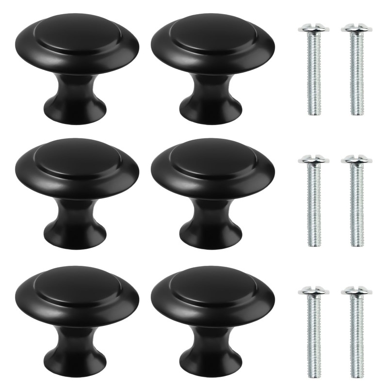 6 Pack Black Cupboard Door Knobs Round Mushroom Single Hole