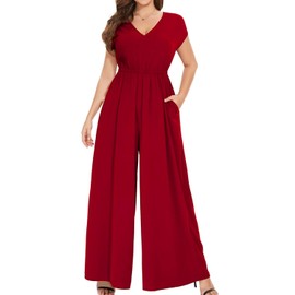 Coloody Women's Long Jumpsuit Elegant Summer Sleeveless Crew Neck Jumpsuit Trouser Suit Romper Wide Leg Playsuit, W red