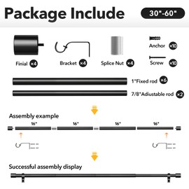 IFELS 2 Pack Heavy Duty Curtain Rods for Windows 28 to 48 Inch, 1 Inch Black Curtain Rods Set of 2 Pack for Outdoor, Farmhouse, Bedroom, Adjustable Easy Install Drapery Rod (A2,Black,30"-60"-2Pack)