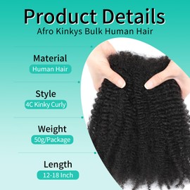 Humistwbiu Afro Kinkys Bulk Human Hair for Dreadlocks Extensions Repair Locs/Twists/Braids 4C Afro Kinky Curly Human Hair 1 Pack 50 Gram Nature Black Color 12 Inch