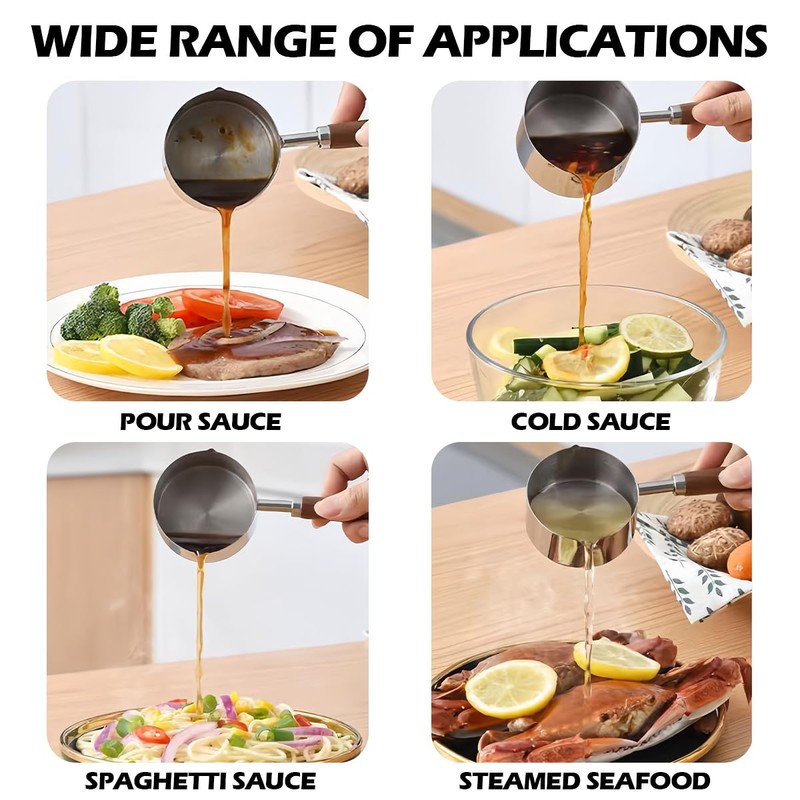 Stainless Steel Saucepan with Pour Spouts Wood Handle Cooking Pot
