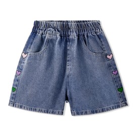 Rolanko Girls' Jeans Shorts, Elastic Waistband, Summer Ripped Hot Short Jeans with Pockets for Children, Colour heart, 9 - 10 years