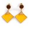 Gold Tone Enamel Square Drop Earrings/Brown/Yellow/40mm Long