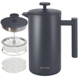 Secura French Press Coffee Maker, 304 Grade Stainless Steel Insulated Coffee Press with 2 Extra Screens, 34oz (1L), Grey