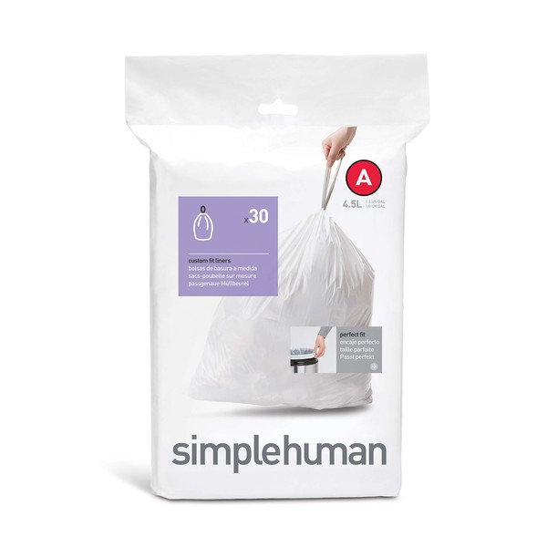 simplehuman Code A Custom Fit Drawstring Trash Bags, 4.5 Liter / 1.2 Gallon, White, 30 Count