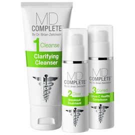 MD Complete 3-Step Professional Acne Clearing System: Salicylic Acid Cleanser, Benzoyl Peroxide Spot Treatment and Retinol Vitamin-C Complexion Correcting Serum