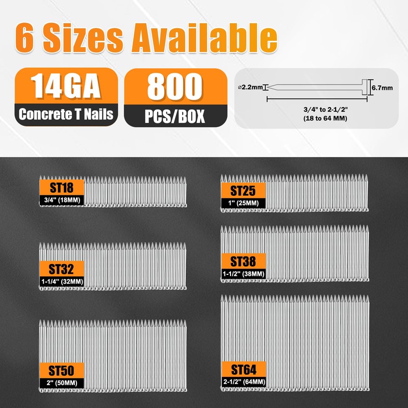KIMSING ST32 Concrete T-Nails, 14 Gauge 32 mm Length, 800PCS/Box,