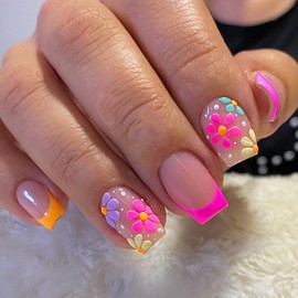 24 Pcs Press on Nails Medium, Sunjasmine Summer Flower Fake Nails Glue on Nails, Glossy False Nails with Nail Glue, Acrylic Nails for Women