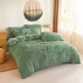 Shaggy Duvet Cover 5 Set, Fluffy Faux Fur Green Comforter Set Queen - Plush Ultra Soft Crystal Velvet Fluffy Green Bedding, Green Furry 5 Sets Pieces Queen Bed Set(Full/Queen,Green)