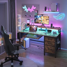 Rustic Office Desk with File Cabinet - 47 Inch Computer Desk with Keyboard Tray Drawers Storage Monitor Stand Power Outlets, Work PC Desks for Adult Boys Teen Home Office, Rustic Brown