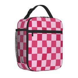 VQUVQV Lunch Bag for Men Women Adults, Pink Checkered Insulated Reusable LunchBox, Portable Tote Bag for Travel Camping Hiking Beach