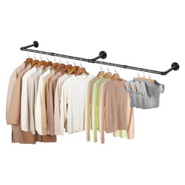 Wall Mounted Clothes Rack Heavy Duty Space-Saving Industrial Pipe Closet Double Rods Easy Install Clothing Rod for Bedroom, Entryway, Laundry Room Sturdy Hanging Rack for Coats, Towels(72" Black)