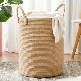 MOJOSCEND 62L Jute Woven Hamper Laundry Basket Wicker Rope Clothes Hamper for Baby Nursery Kids Tall Rattan Blanket Basket in Living Room Bedroom
