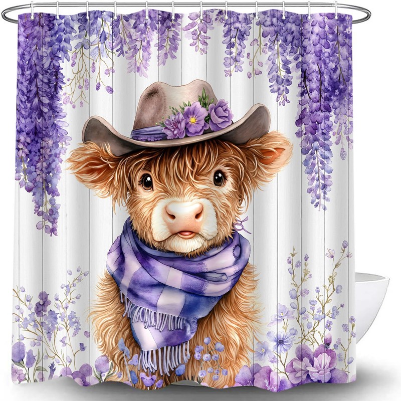 UPUMKSK Cute Highland Cow Shower Curtain Purple Flower, 70x70 Inch