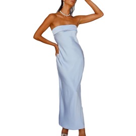 Realtix Satin Silk Backless Tube Tops Maxi Dress for Women Low Back Hollow Out Elegant Strapless Long Dresses Wedding Guest Blue