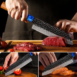 Kuwata Santoku Knife, Professional VG10 Damascus Steel Kitchen Santoku Knife, G10 Ergonomic Color Wooden Handle Chef Knife with Luxury Gift Box