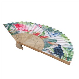 Abanico de mano de bambú estampado abanico plegable de algodón para fiesta, boda, regalo de tucán