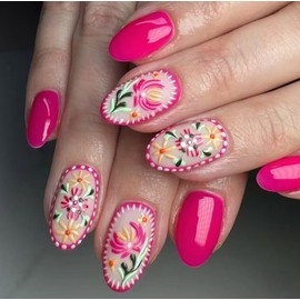 Colorful Flower Press on Nails Spring Summer False Nails Relief Embossed Floral Designs Short Almond Shaped Acrylic Nails Glossy Fake Nails Full Cover Stick on Nails for Women DIY Manicuare 24 PCS